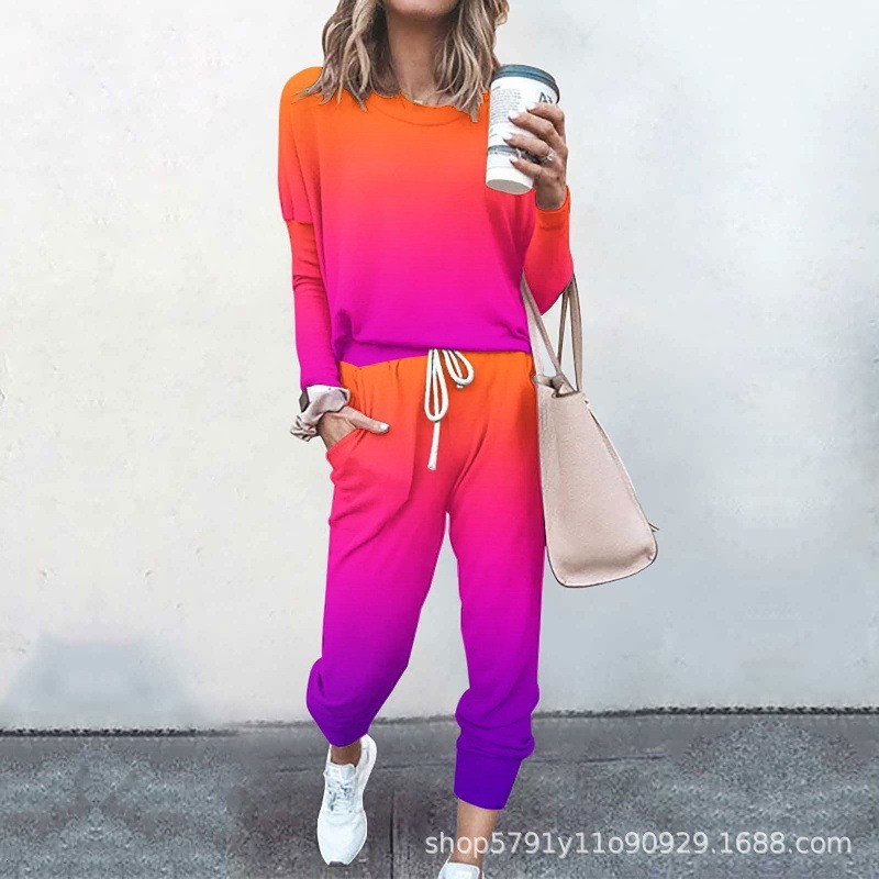 Gradient sweatshirt and pants set, casual long sleeved pullover, round neck sports suit