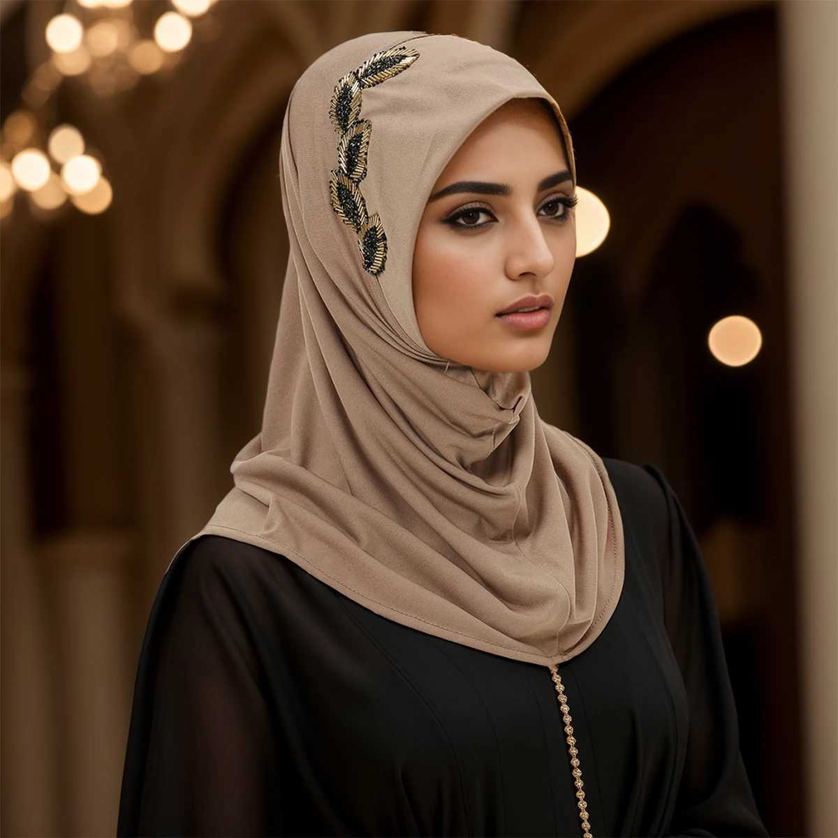 New mode of instant Muslim headscarf with water diamond bead bottom card headscarf warm Islamic headscarf Ramadan headscarf X250324