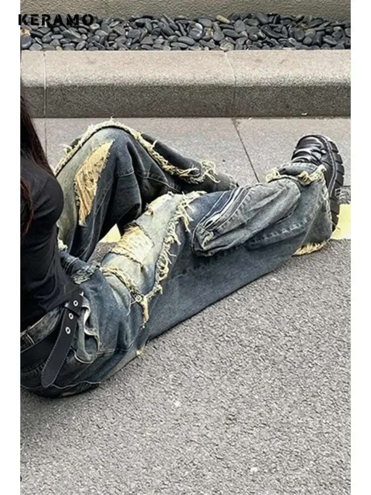 2024 Winter Punk Sexy Vintage Ripped Haruku Loose Jeans Y2k Hollow Out Trashy Pants Women's Baggytassels Denim Trouser