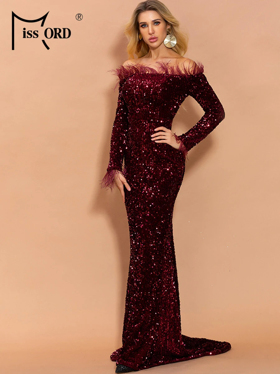Missord elegant shoulder feather sequins black mermaid hem ball dress party women formal ultrathin evening 250320