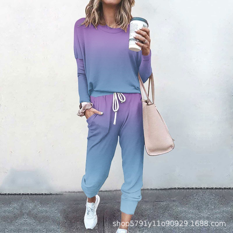 Gradient sweatshirt and pants set, casual long sleeved pullover, round neck sports suit