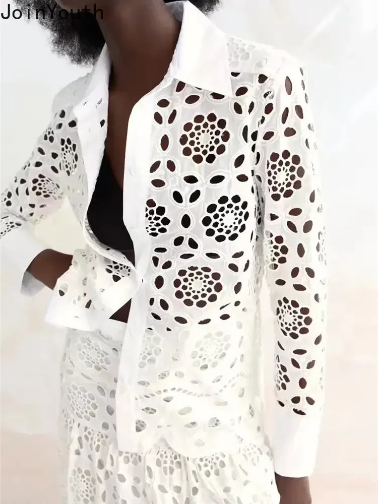 White Hollow Out Women Shirt 250318