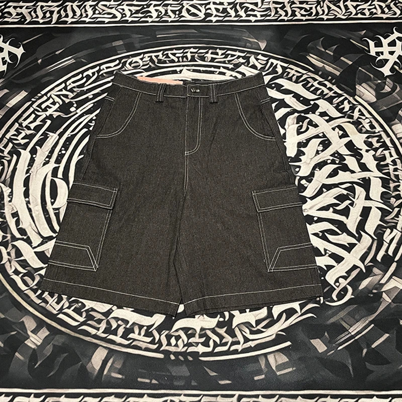 Hip Hop Summer Embroidered Flower Bag Over Knee Jeans Mens Retro Wide Leg Pocket Oversized Cowboy Five Point Pants 250312