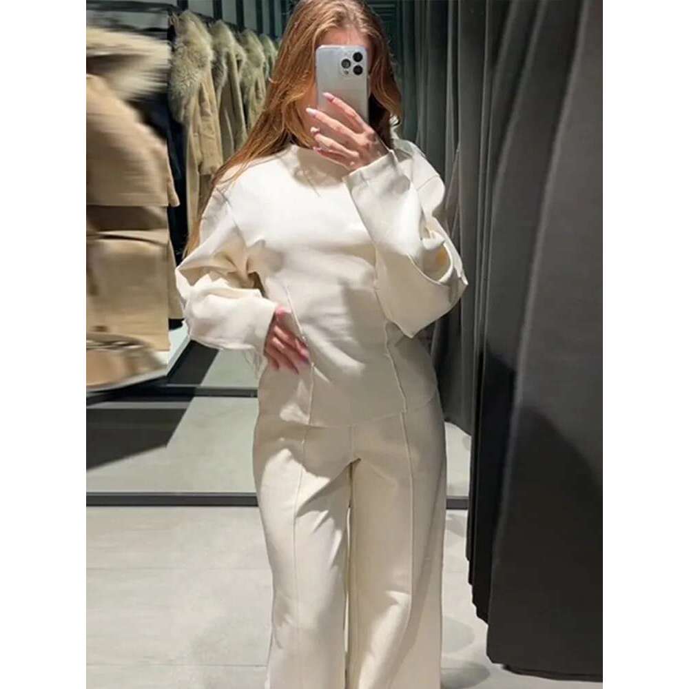 Casual Solid Women 2 Pieces Sets With Trousers Fashion O Neck Full Sleeve Slim Top High Waist Long Pants Elegant Lady Streetwear