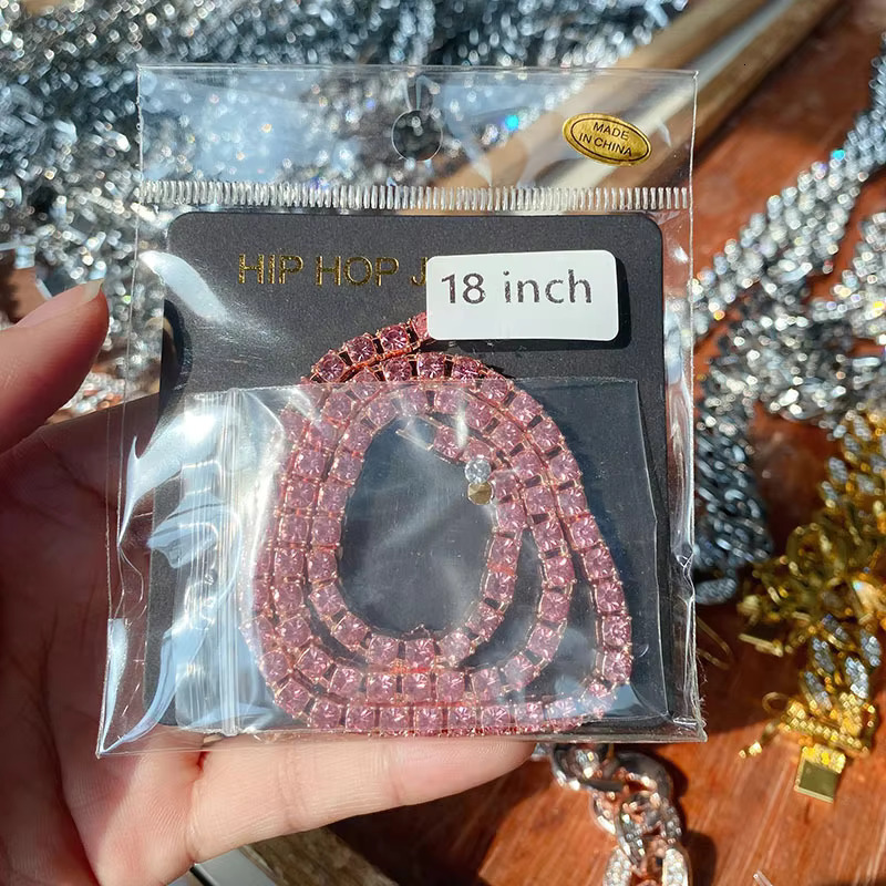 Moissanite necklace 4mm Custom Color pink Cute Young Style Durable Cuban Chain Chocker Necklace rainbow Colorful Zircon Pave Tennis Chain