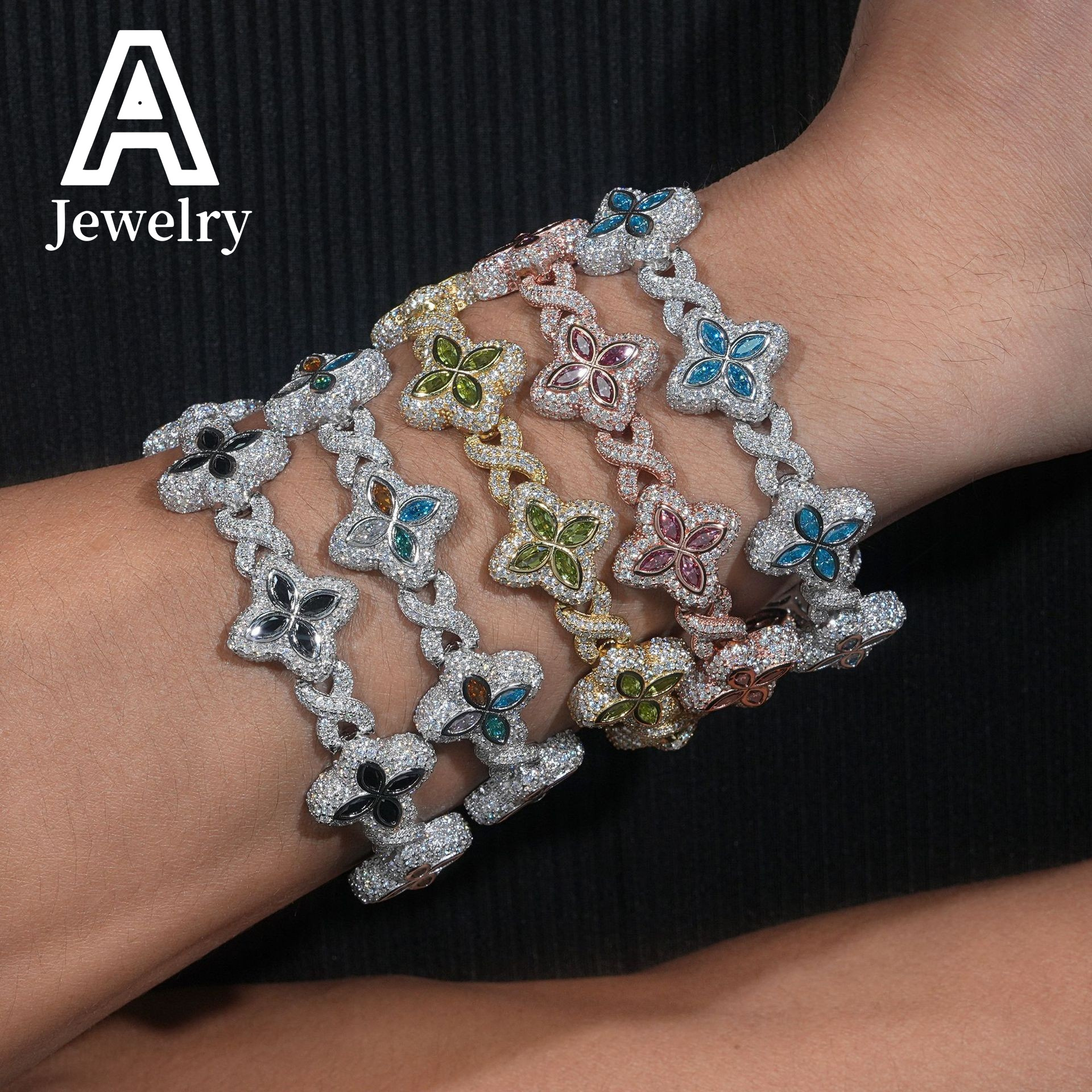 New Arrival Colorful Natural Gemstones Cuban Link Bracelet 15MM Hip Hop Jewelry Silver Marquise Moissanite Cuban Bracelet