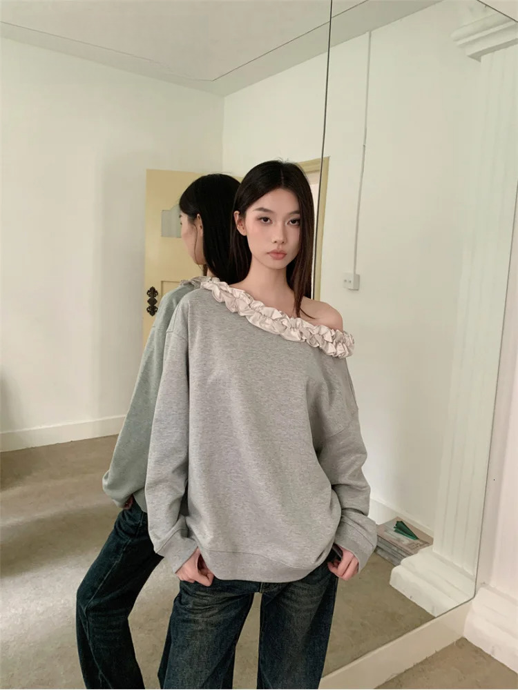 Off The Shoulder Frill Gray Hoodies Pullovers Sweatshirt Women Long Sleeve Top Autumn Spring Fashion Clothing