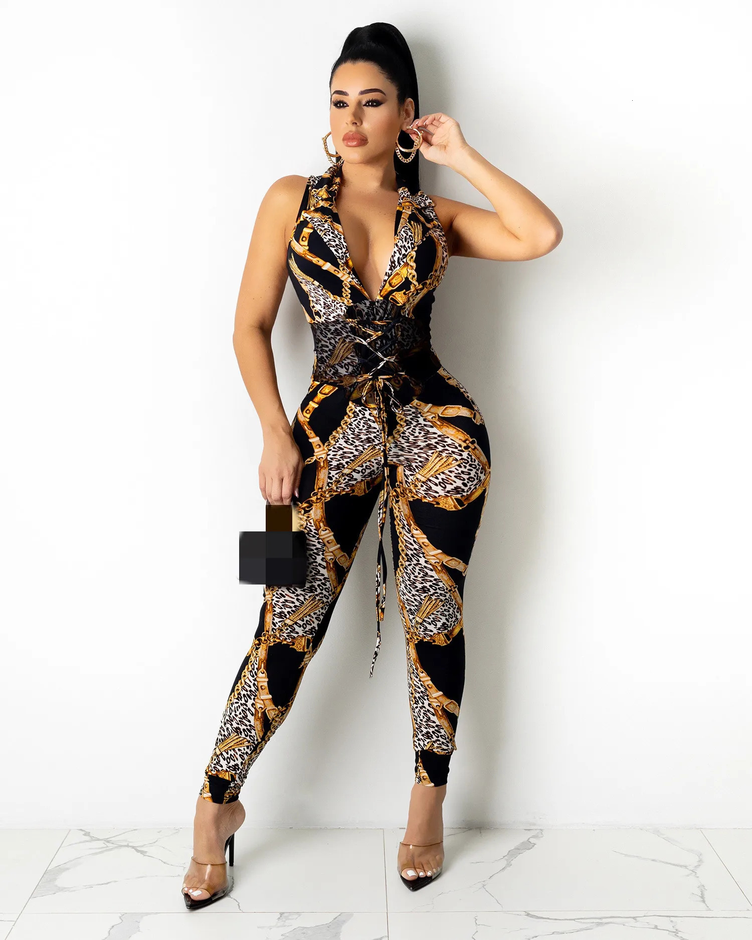 JRRY sexy womens jumpsuit sleeveless waistband printed tight fitting clothing with high elasticity chain pattern for outdoor wear 250324Z