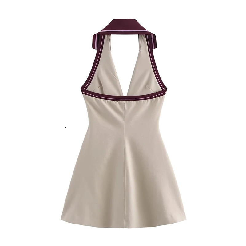 Willshela Women Fashion Beige Lace Up Front Zipper Backless Mini Dress Vintage Halter V-Neck Sleeveless Female Chic Lady Dresses 250324