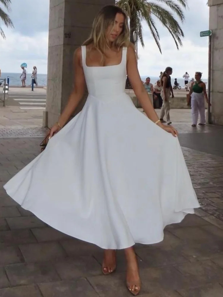 Elegant White High Waist Womens Dress Fashion Square Neck Sleeveless A-line Dresses 2025 Vocation Beach Party Streetwear 250322