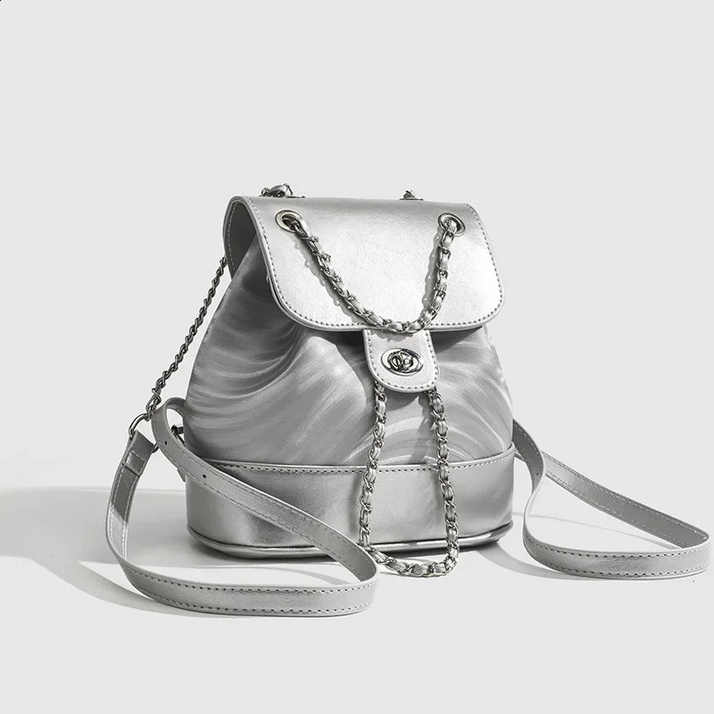 Womens Silver Backpack Summer Korean Niche Water Ripple Versatile Chain School Bag 250318