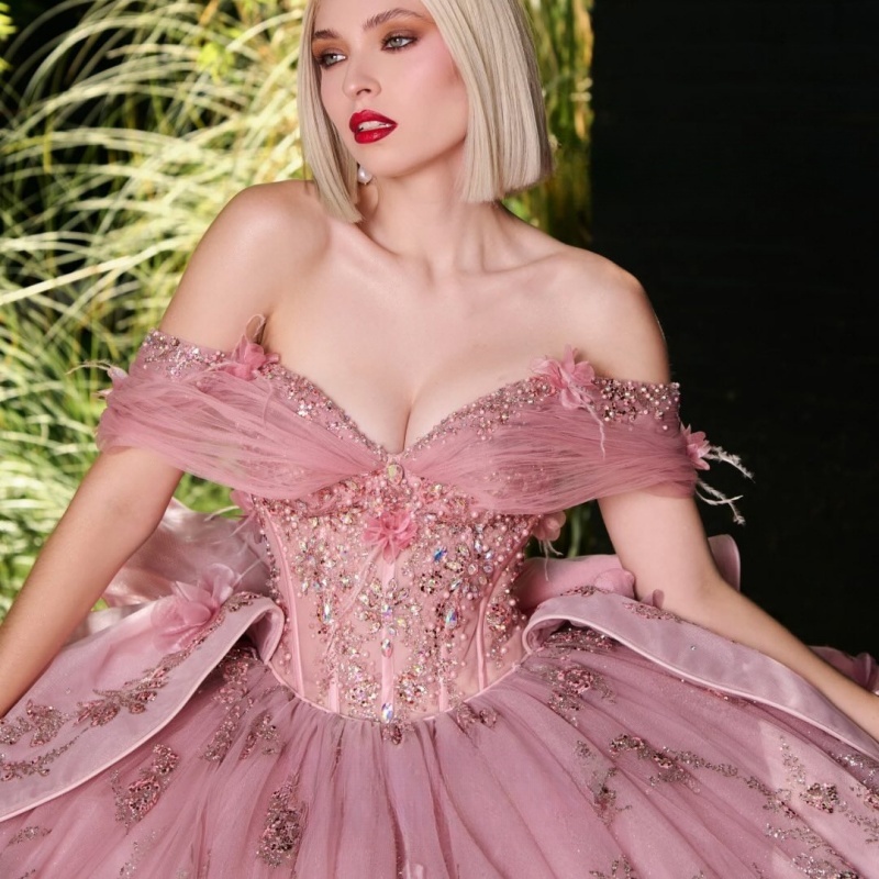 Pink Shiny Quinceanera Dresses Off Shoulder Ball Gown Sweet 16 Dress Beads Sequin Appliques Lace Bow Tull Corset Birthday Party Vestidos De 15 Anos