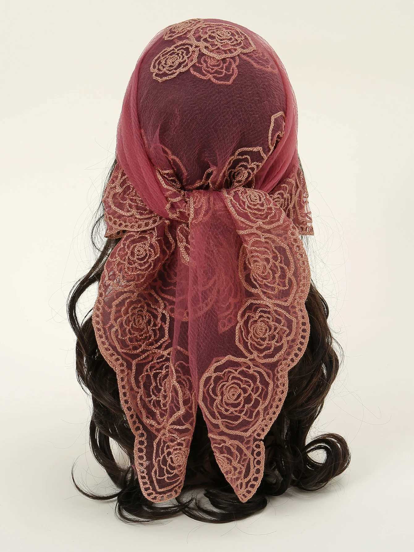 80 * 80cm lace square headscarf style rock embroidery flower belt mesh breathable headscarf through scalp Muslim veil X250324