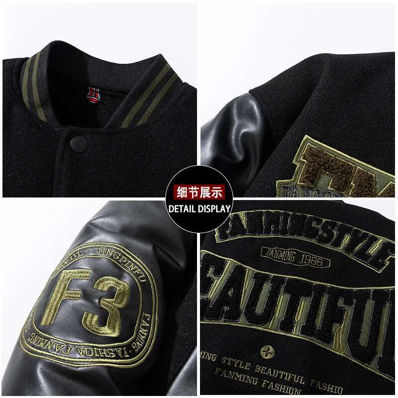 Vintage Letter Embroidered Baseball Jacket Cotton Coat Men's Winter Leather Sleeve Patchwork Woolen Thicken Overcoat