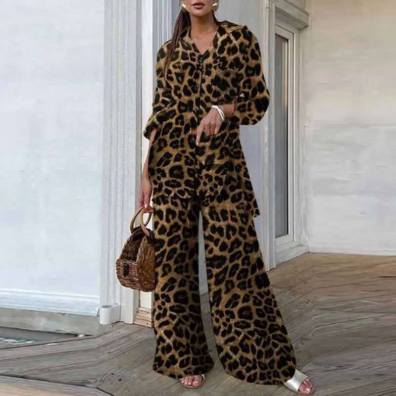 Vintage 2Pcs Summer Women Fashion Leopard Printed Casual Loose Tops And Outfits Wide Leg Pant Sets