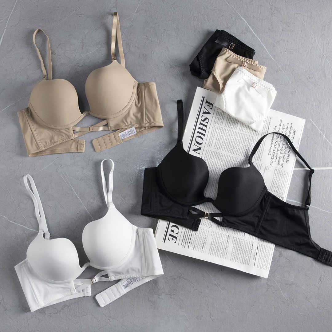 sexy chicken heart gathering bra set with smooth and seamless U-shaped low cut backless bra and small chest bra 250315