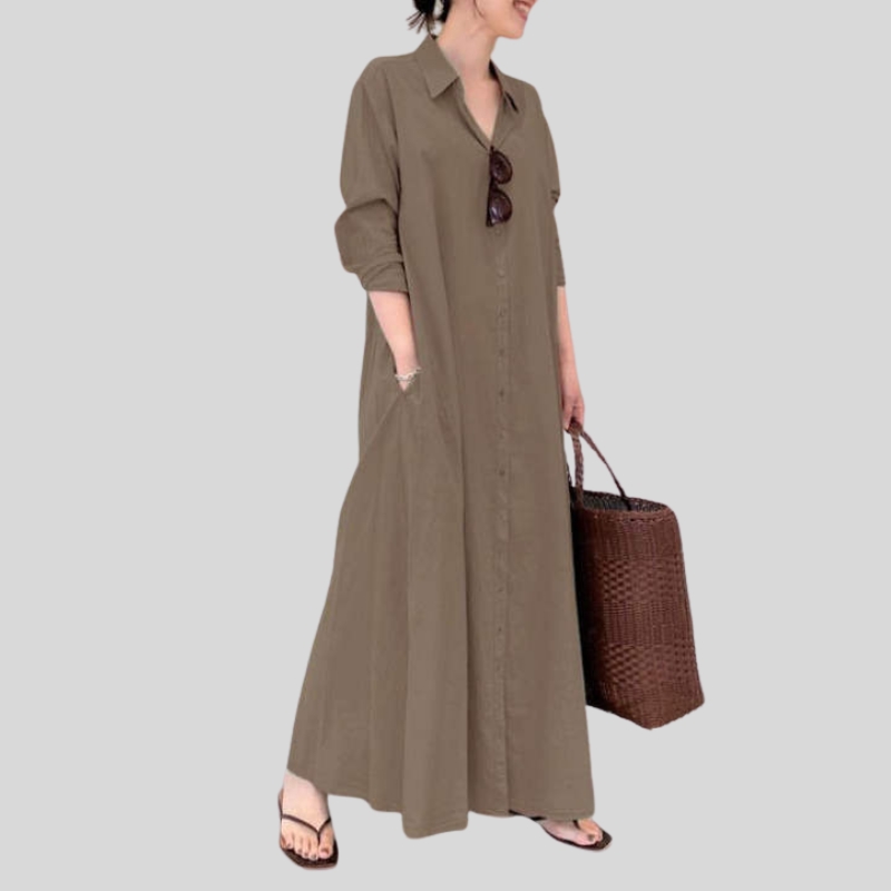 European and American wind cotton and linen solid color lapel collar long sleeve pocket simple loose casual long shirt dress