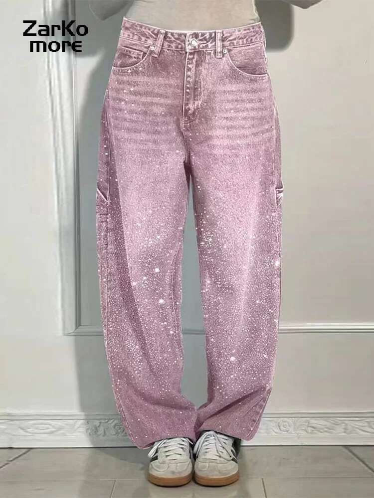 Retro Rhie Baggy Women's Women Blue Waist Straight Wide Leg Pocket Denim Jeans 2025 Spring High Street Y2k Outwear