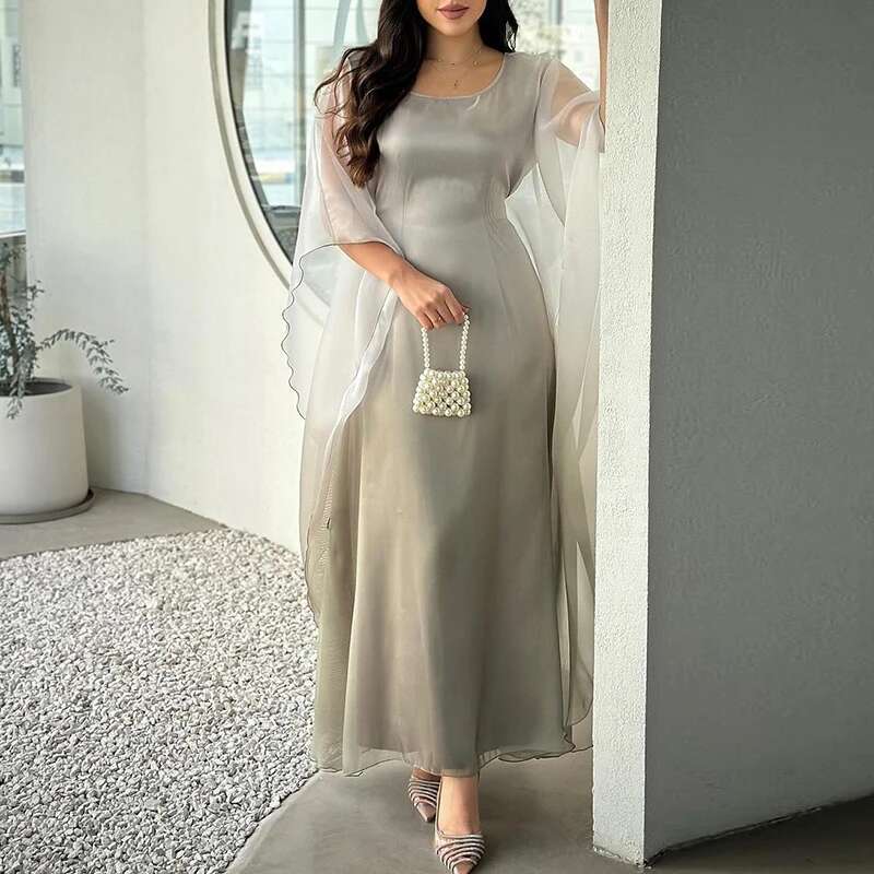 Gradient Printed Loose Women Banquet Elegant O-Neck Batwing Sleeve Long New 2024 Fashion Satin Slim Robe Dress Mujer