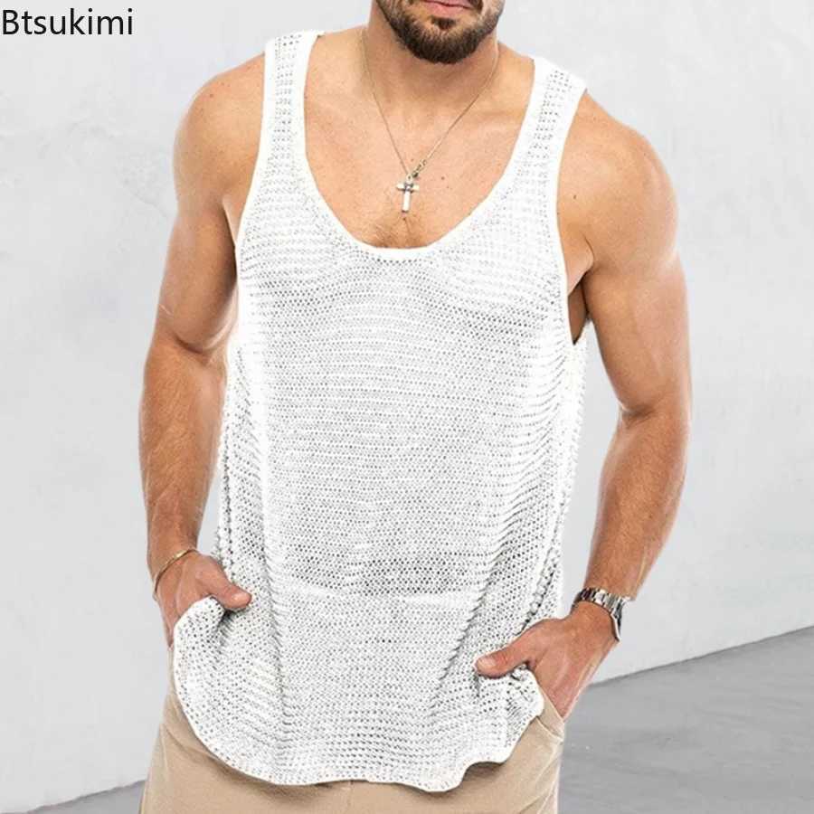 New Summer Mens Tank Top Loose Knitted Sports Tank Top Fashionable 100% Adhesive Sleeveless Mens T-shirt Breathable Mesh Sports Top X2503241