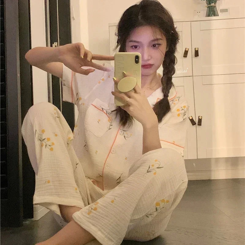 Summer Cotton Printed Short Sleeve Pants Pajama Set for Womens Pajamas Home Pajamas Non Printed Pajamas 250321
