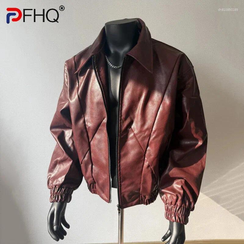 Men's Jackets PFHQ PU Leather Jacket Turn-down Collar Long Sleeve Zipper Design Line Decoration Male Tops Fashion 21E2803