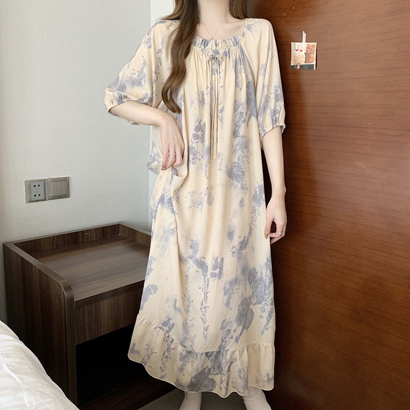 K195 Spring and summer thin short-sleeved long skirt air-conditioning clothing long skirt loose large size dress
