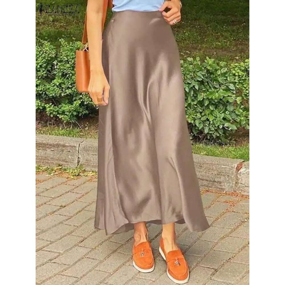 Fashion Satin Silk Skirts Women Summer Long High Waist Skirt Casual Solid Party Faldas Saia Female Vintage Work OL Jupe