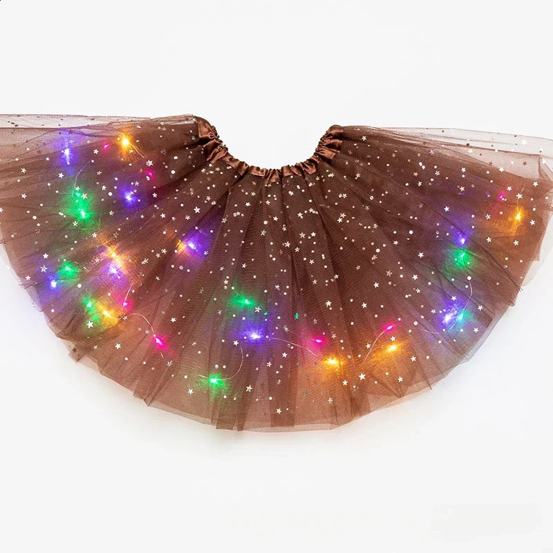 LED Glowing Light Girls Tulle Star Short Tutu Skirt Children Fancy Ballet Dancewear Party Costume Ball Gown Mini Skirt 250313r
