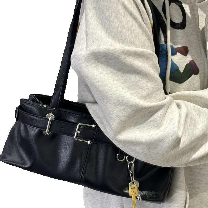 UKF New Retro Versatile Underarm Shoulder Square Horizontal Handbag Wide Belt Strap Design Motorcycle Bag