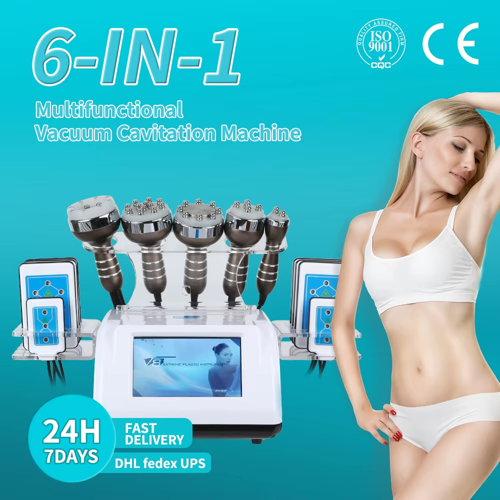 6 in 1 RF 40Khz Cavitation Body Slimming Skin Tightening Face Lifting Machine Cavitation Vacuum System Physiotherapy Dredging Lymph Detox Device