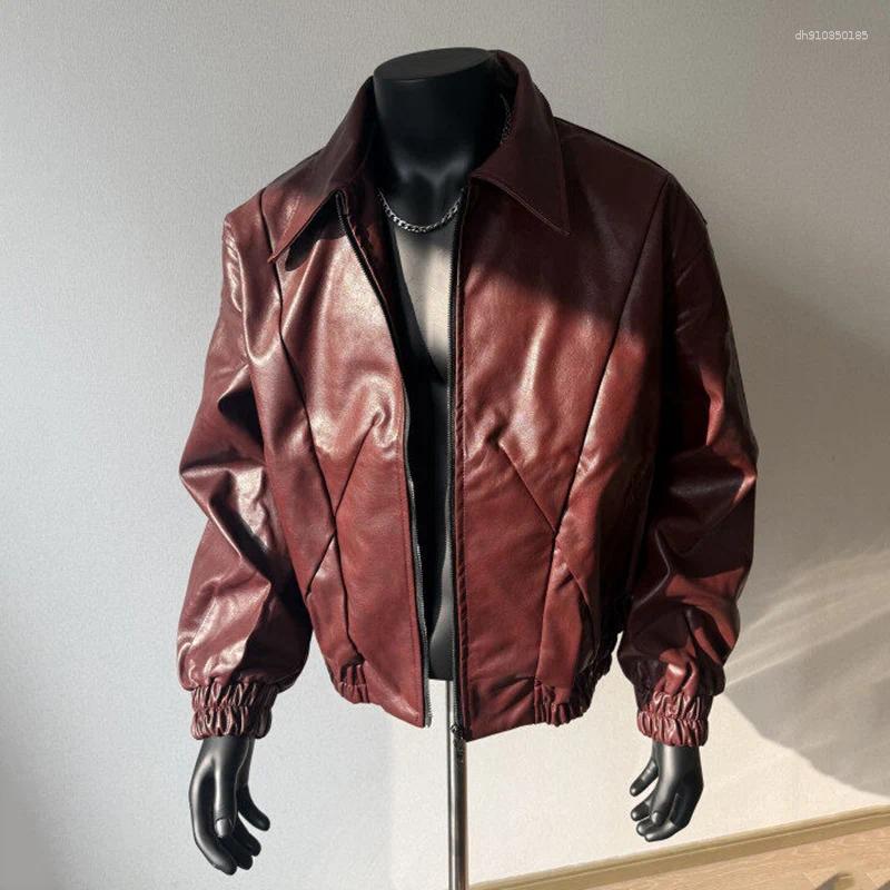 Men's Jackets PFHQ PU Leather Jacket Turn-down Collar Long Sleeve Zipper Design Line Decoration Male Tops Fashion 21E2803