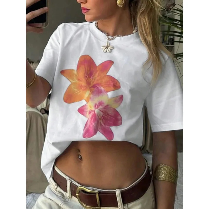 Womens Summer Printed Round Neck Casual Tshirt Outdoor Loose Cotton Street Short Sleeve Y2k Personalized Oneck 250324