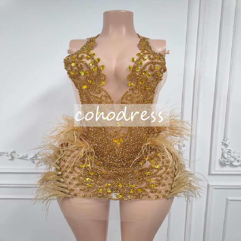 Ornate Gold Prom Dress For Black Girls Luxury Crystal Mini Short Cocktail Dress Feather Birthday Party Evening Wear Bespoke Occasion Formal Dress 2025