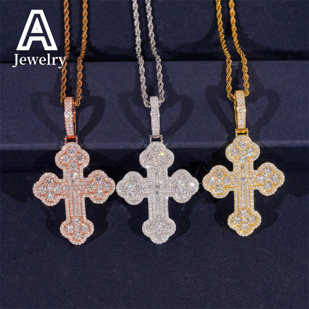 Hip Hop iced out Cross Pendant 925 Silver Baguette VVS Moissanite Cross Charm Pendants