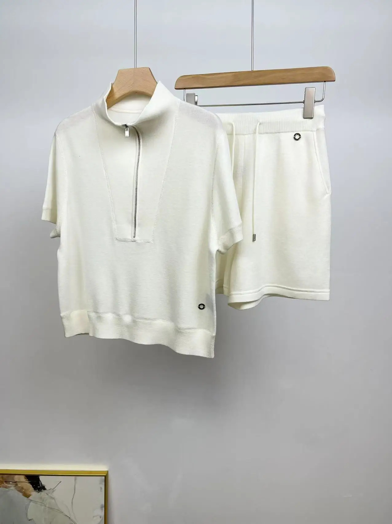 Summer Wool Knitted Sportswear Womens Stand Collar High Quality Casual TopShorts Two Piece Set 250322