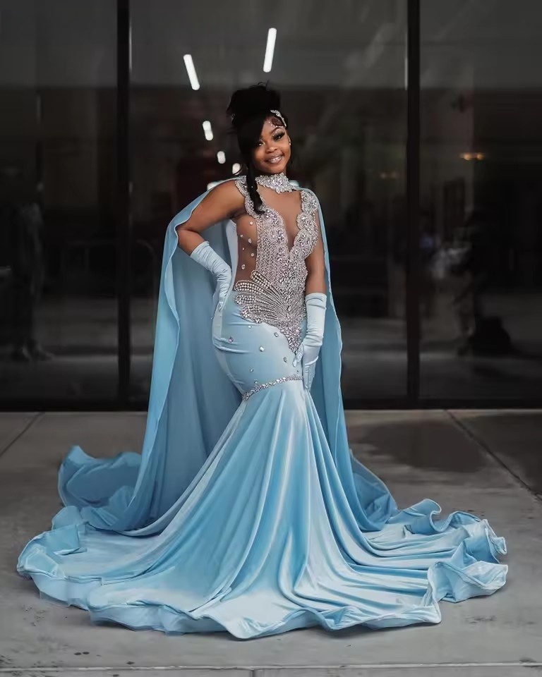 Customized Mermaid Prom Dress Black Girls Sier Dia Crystal Beaded Cape African Birthday Party Gowns