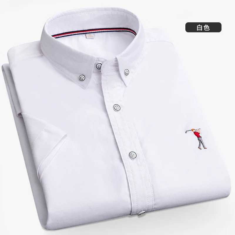 New summer short sleeved mens solid color Oxford spinning casual embroidery trend young slim fit mens short sleeved shirt X250324