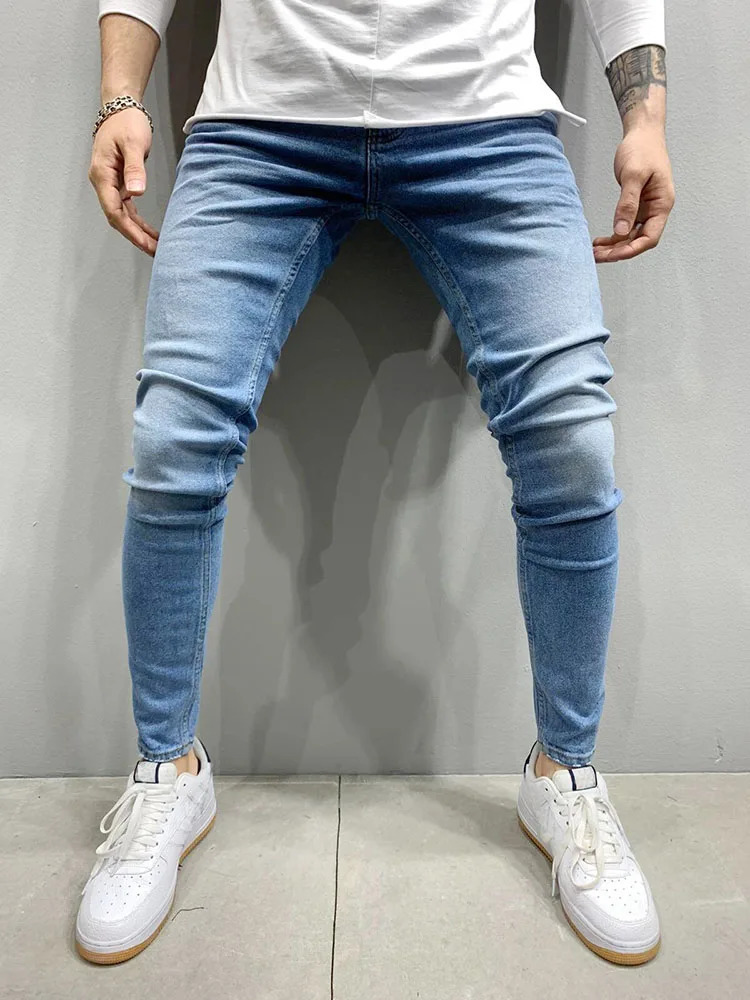 Mens 2024 Stretch No Ripped Pants Streetwear Black Denim Trousers Grey Pure Color Jeans Elastic Waist Skinny 250312
