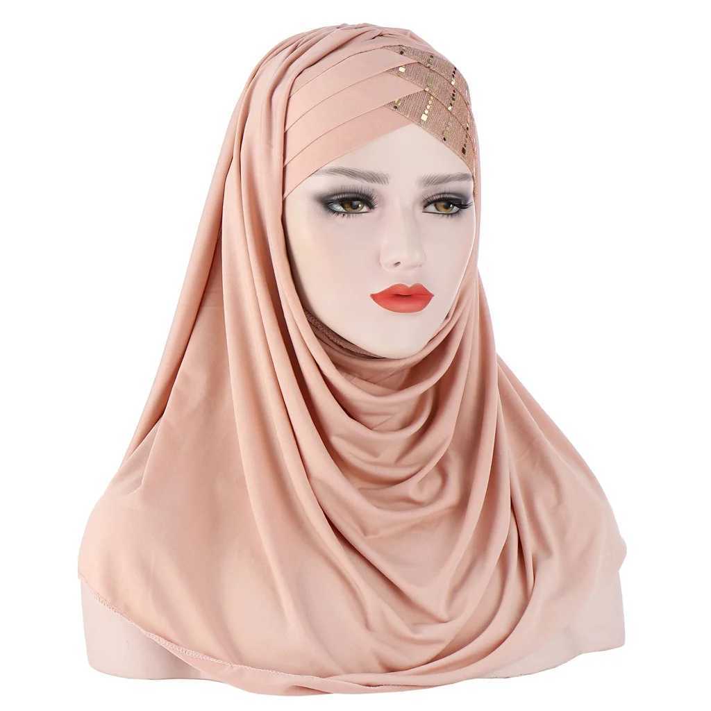 2024 Muslim cotton scarf plain weave headscarf with beads for shaving and wrapping female Muslim headscarf ready to wear headscarf X250324