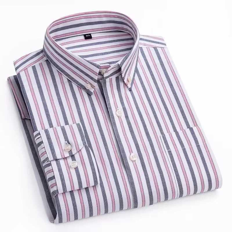 Mens 100% pure cotton striped shirt casual long sleeved standard fit comfortable button plain shirt single decal pocket X250324