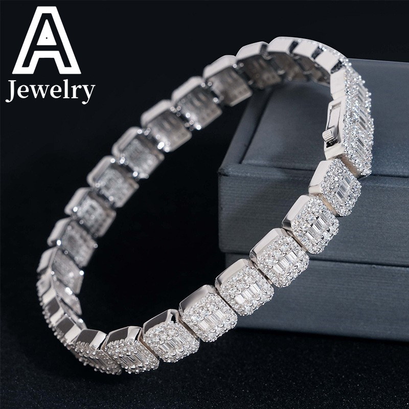Iced Out Jewelry VVS Moissanite Cuban Bracelet 9MM Baguette Cut Diamond Cuban Link Men Hip Hop Silver Bracelet