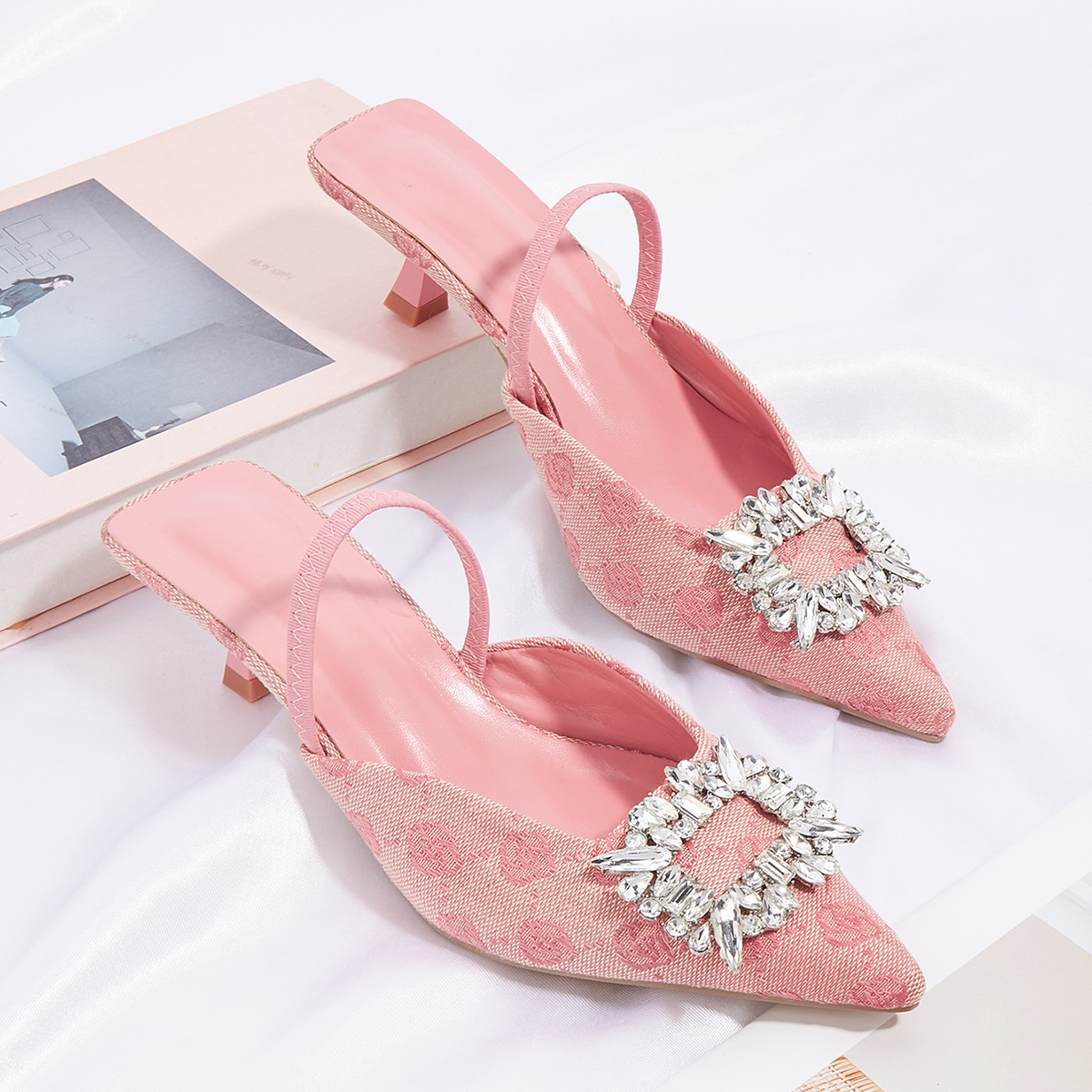 Free shipping designer heels for womens lady sandal fashion stiletto heel black rhinestone slipper outdoor shoes