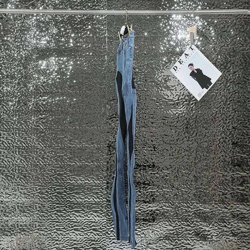 DEAT 2024 Autumn New Fashion Women's Patchwork Contrast Color Jeans Stretch High Waist Split Long Denim Pants Female 1Df2575