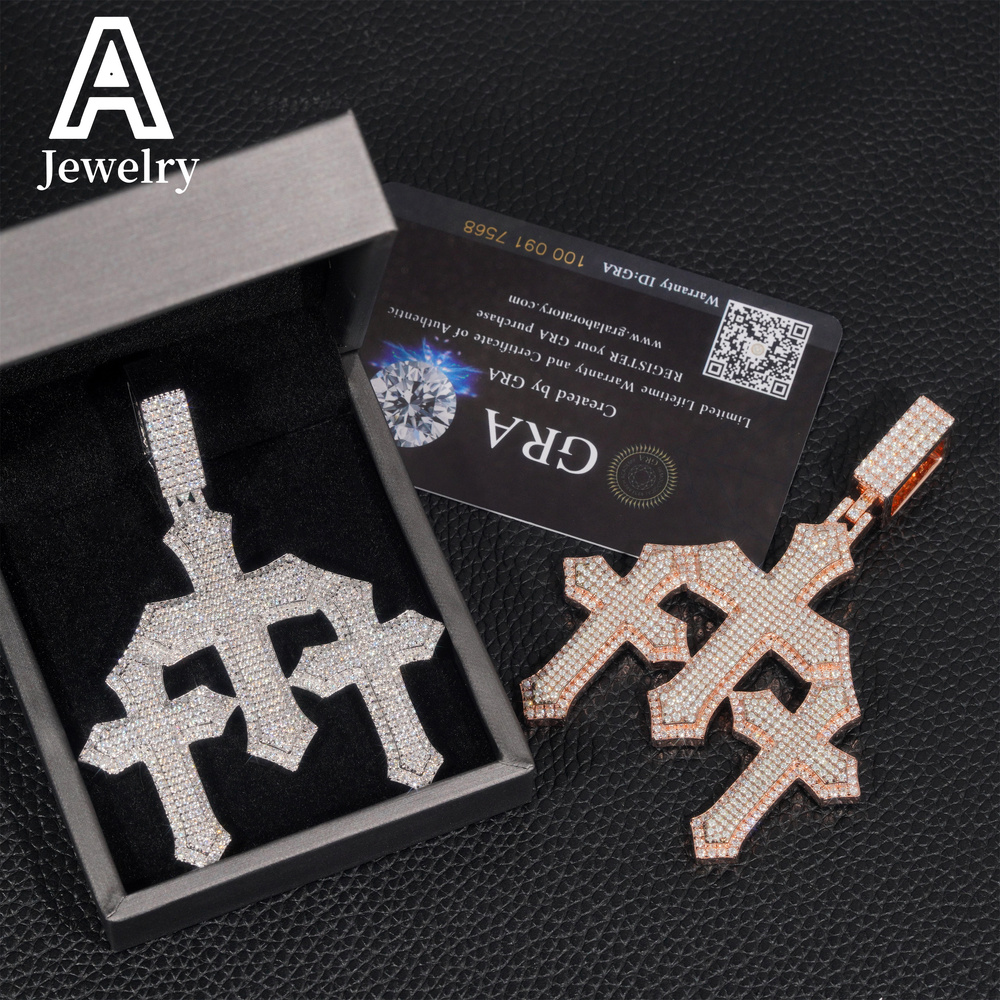 Ready To Ship Rose Gold Hip Hop Iced Out Luxury 2.5 Moissanite 925 Sterling Silver Triple Cross Pendant