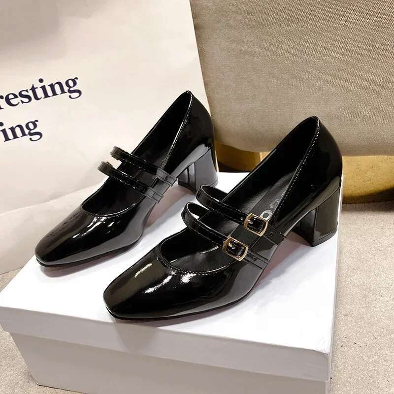 Spring Autumn Women Double Buckle Mary Janes Patent Leather Dress Head Square Heel Solid Color Women's Shoes