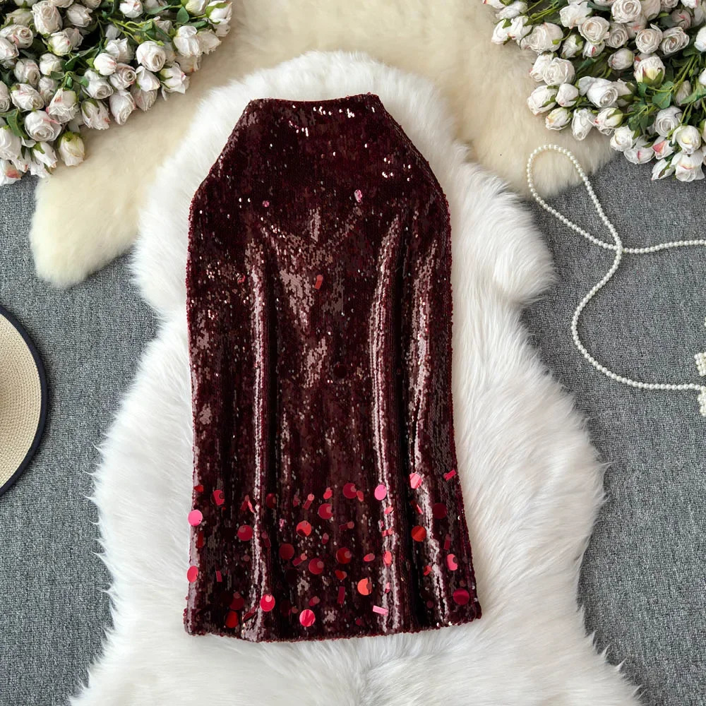 sweet Vintage Glitter Sequins Elegant High Waist Chic Slim Pencil Skirt French Streetwear High Street Autumn Winter Clothing 250322