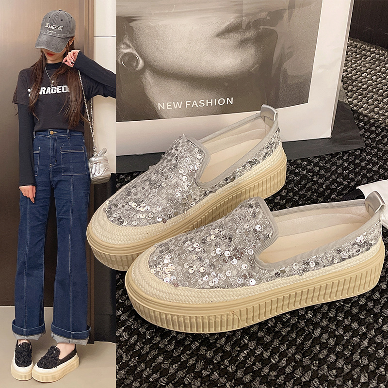 2025 new Korean version women's shoes designer fashion sequin thick sole fisherman women's shoes breathable casual single shoe