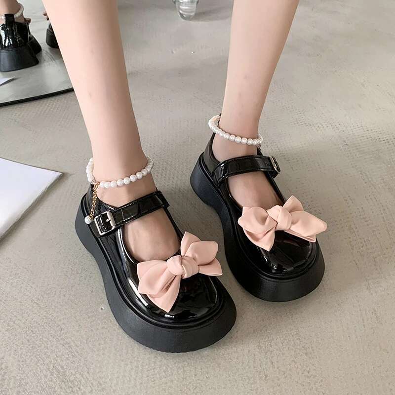 Spring Autumn Fashion New Beaded Round Toe Solid Color Casual and Comfortable Women's Banquet Bow Thick-soled Shoes