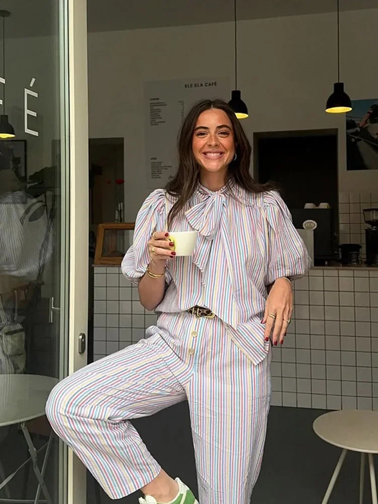 Vintage Women Colorful Stripe Lace Up Bow Shirt Pant Suit Chic Lantern Sleeve Straight Trousers Set Spring Vacation Lady Outfit 250324